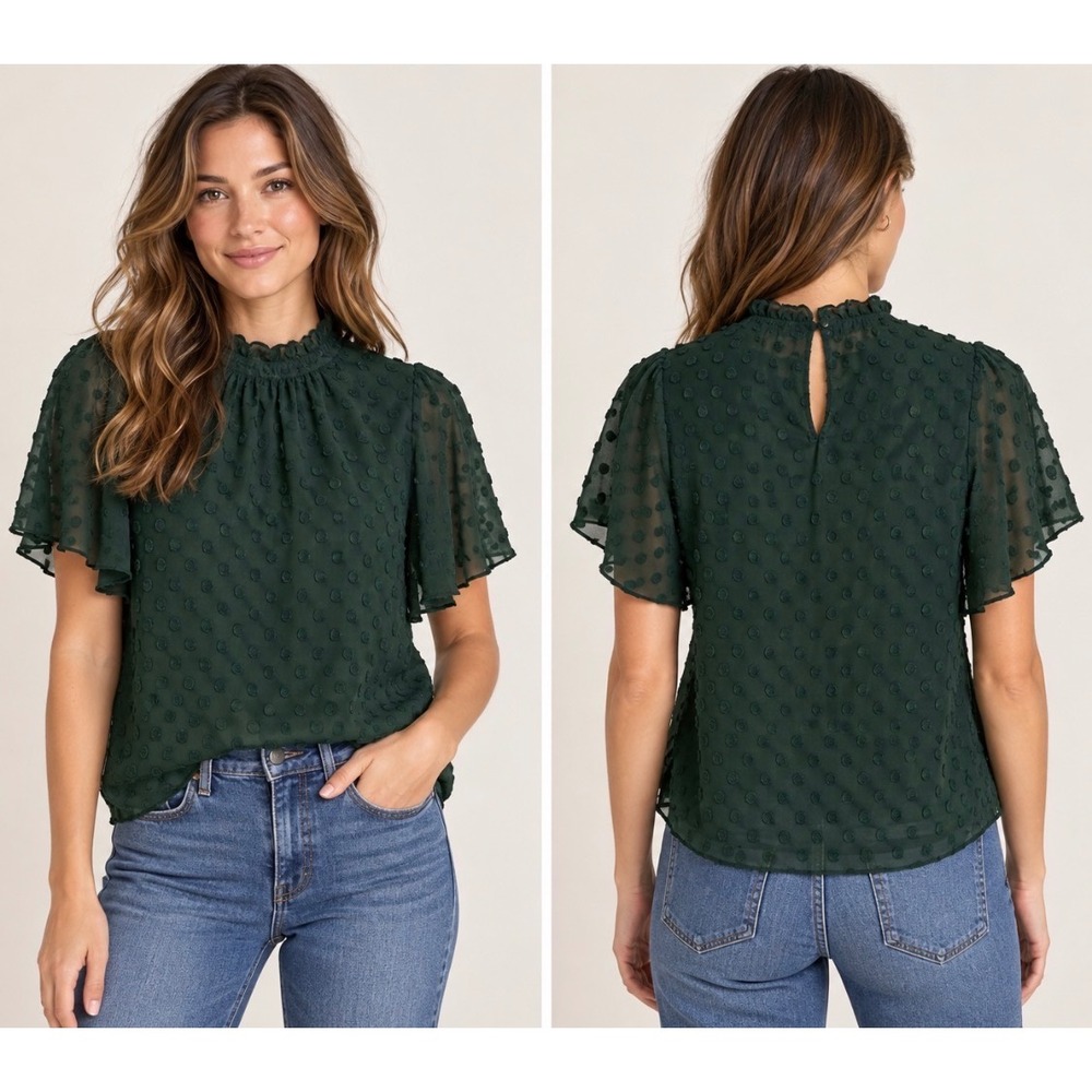 Anthropologie Feather Bone Green Swiss Dot Blouse Size 0 Sheer Flutter Sleeve